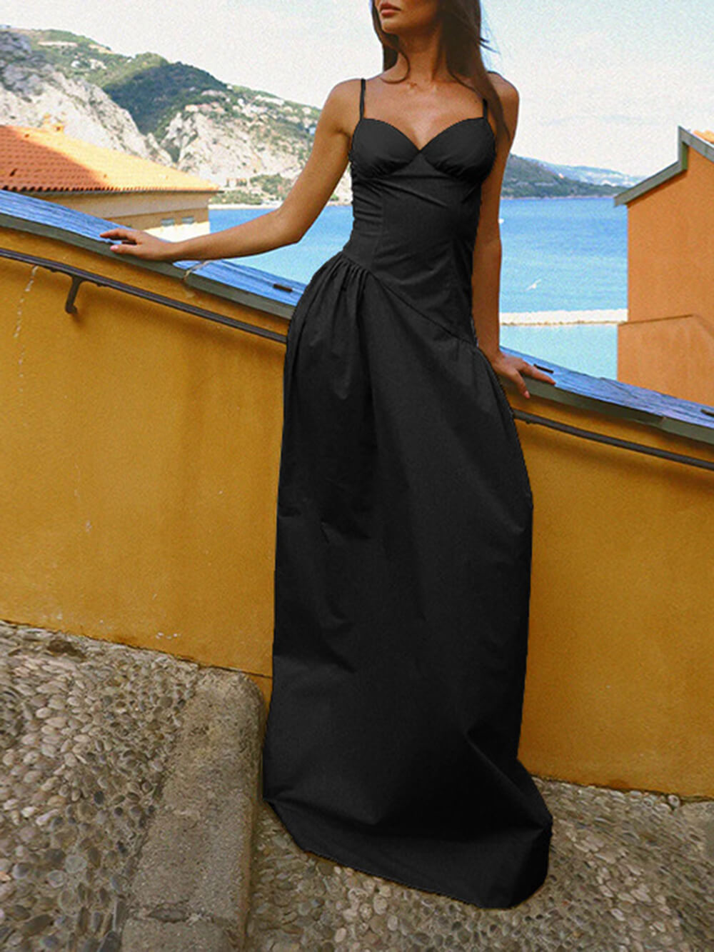 Summer A-Line Fitted Vacation Spaghetti Strap Maxi Dress Black
