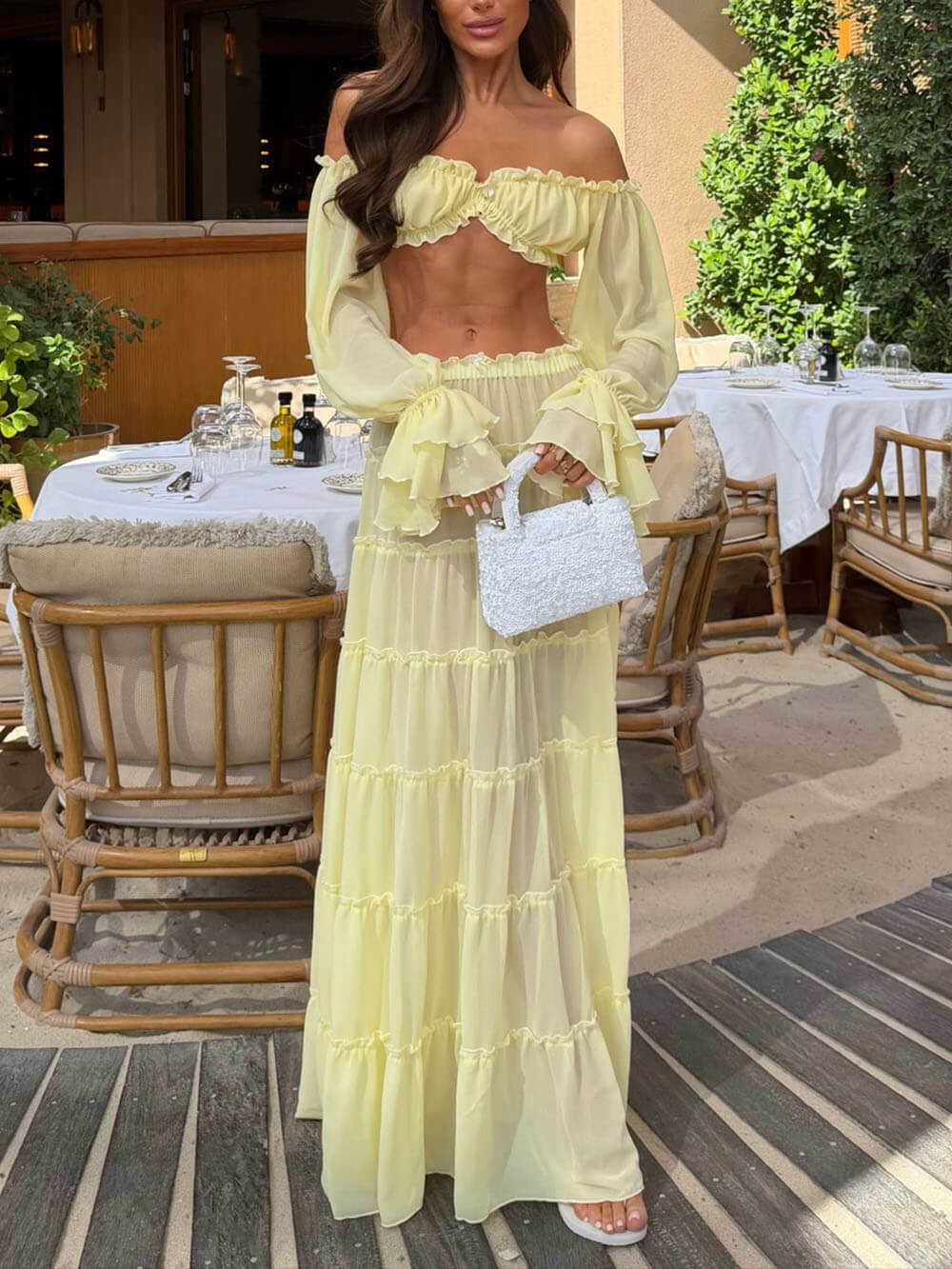 Fashion Off Shoulder Long Bell Sleeve Crop Top and Elastic Waist Layered Cover-up Maxi Skirt Set Yellow