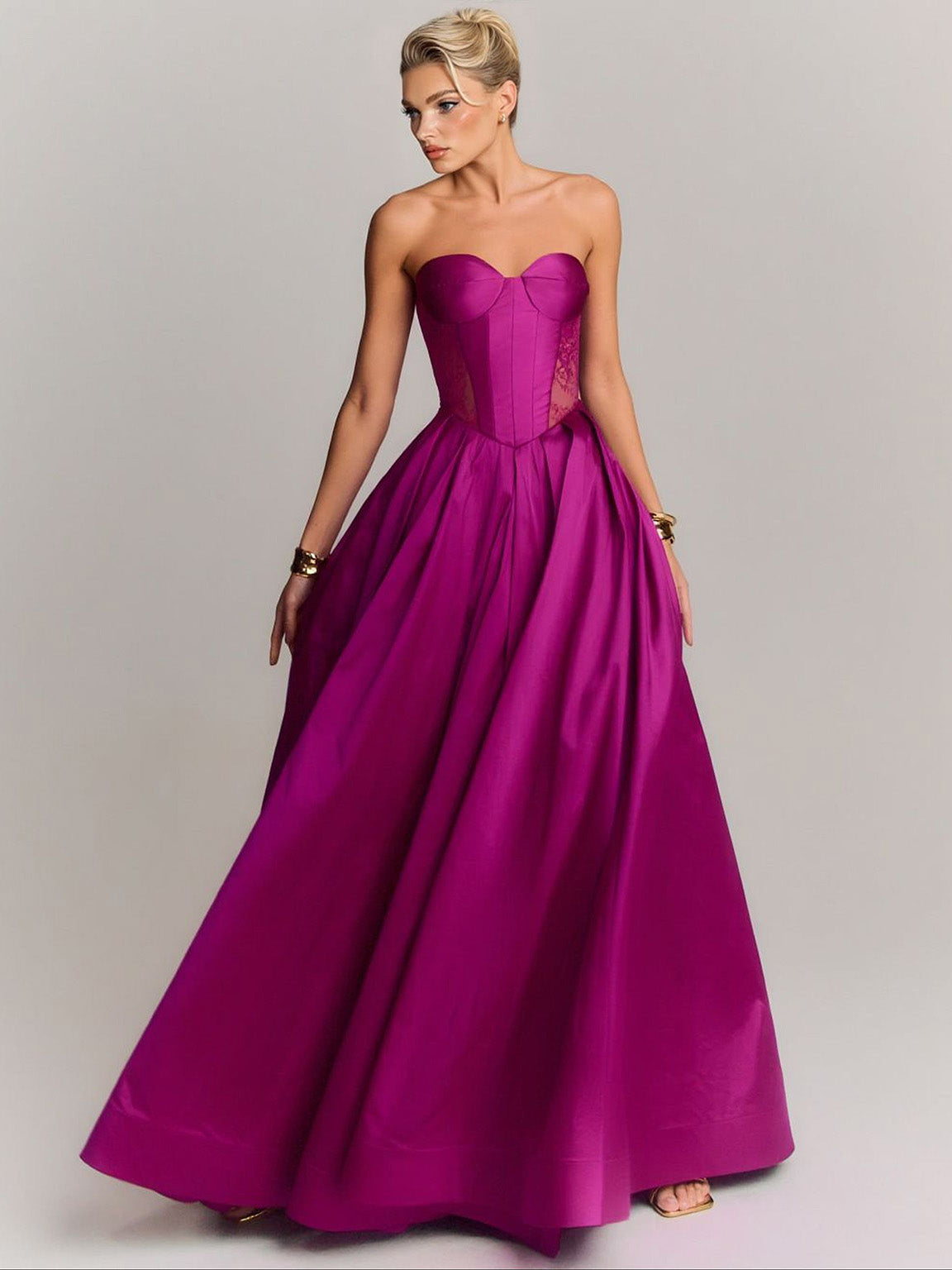 Elegant Strapless Lace-Panel Ball Gown Maxi Dress Magenta