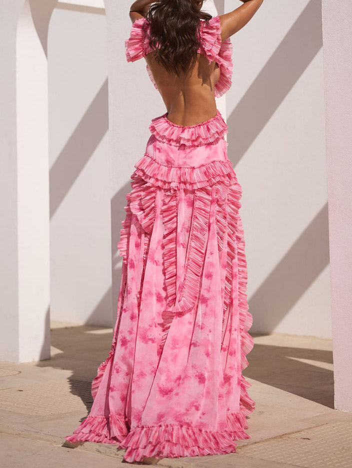 Elegant Tie-Dye Ruffle Cut-Out Slit Maxi Dress