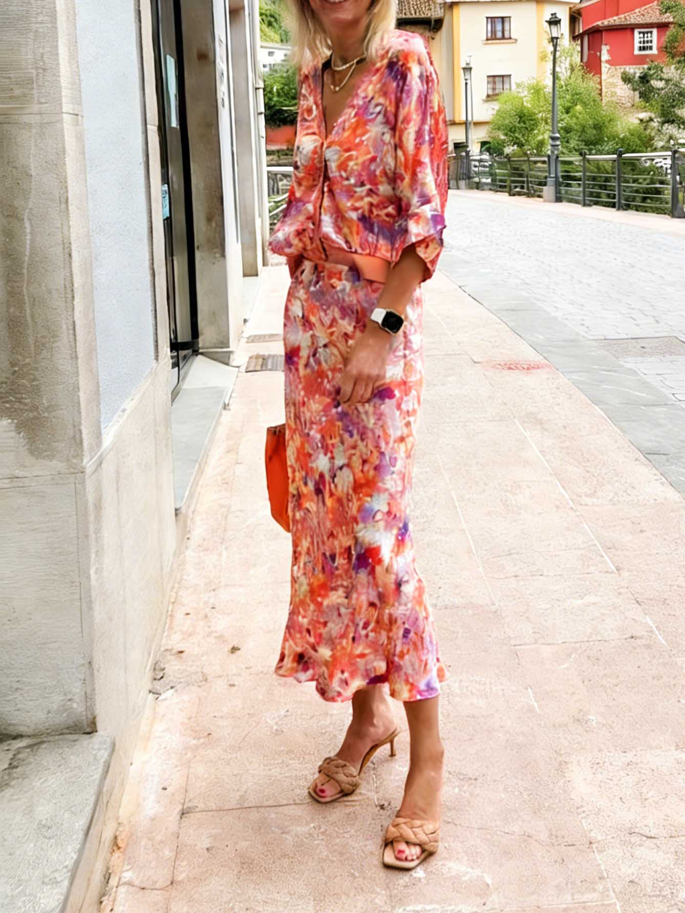 Exquisite Floral Print Satin High-Waisted Midi Skirt
