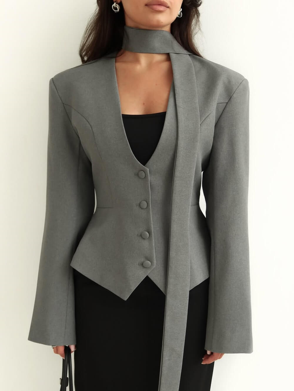 Fashion Solid Color V-Neck Scarf-Trimmed Long Sleeve Blazer Gray
