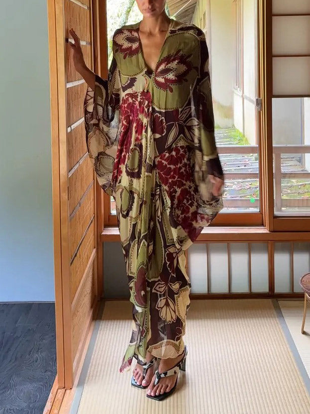 Retro Printed Flowing Bat Sleeve Maxi Dress Green