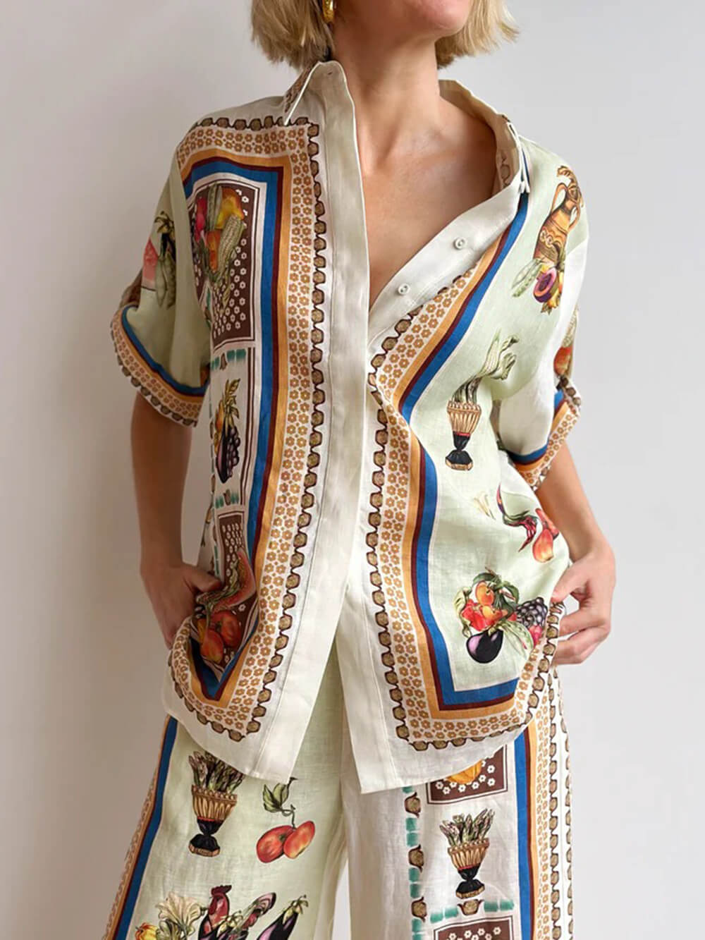 Unique Tropical Luxe Satin Fruit Print Loose Button-Up Shirt Multicolor
