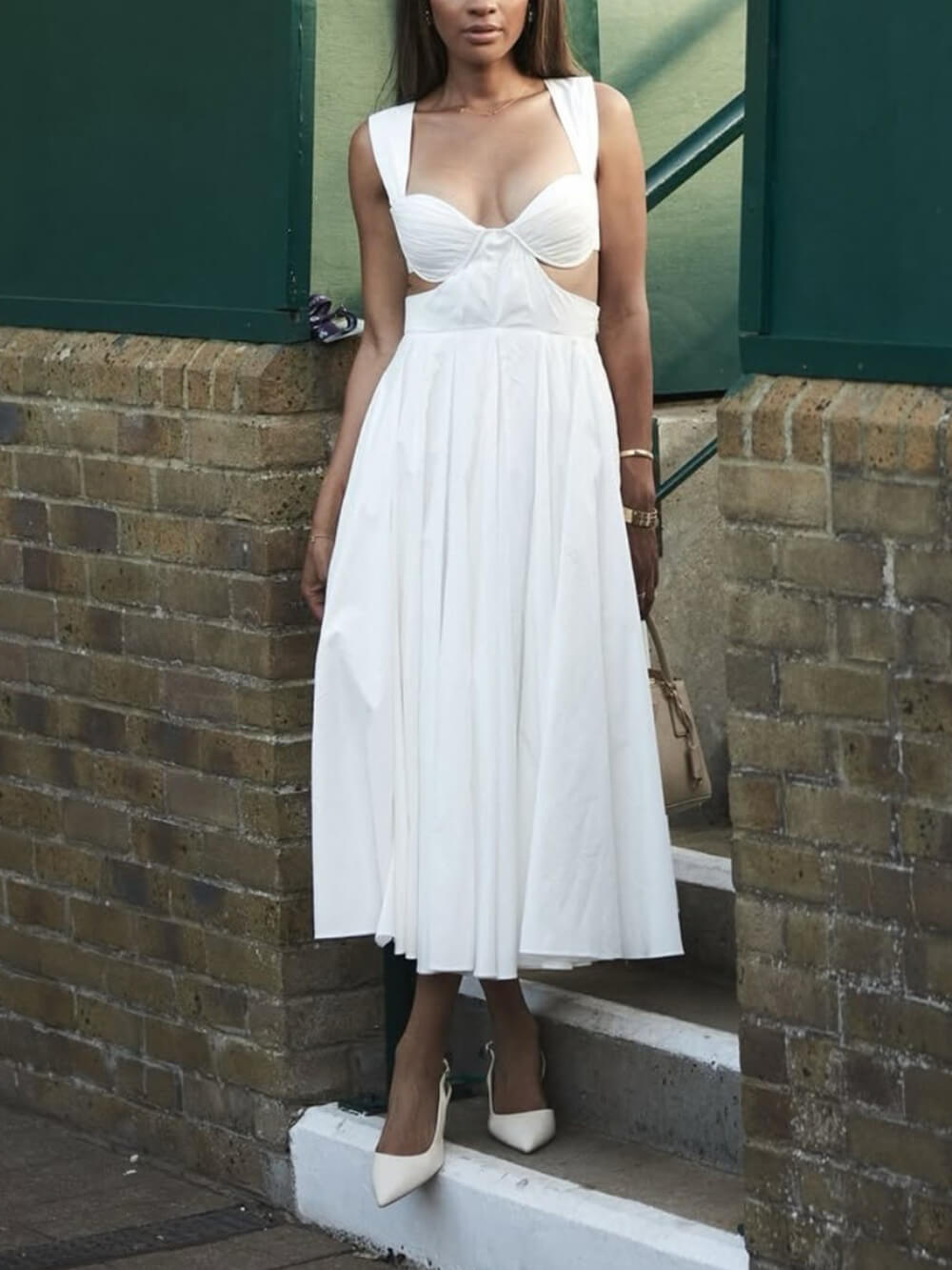 Elegant Pleated Cutout Backless Midi Dress White