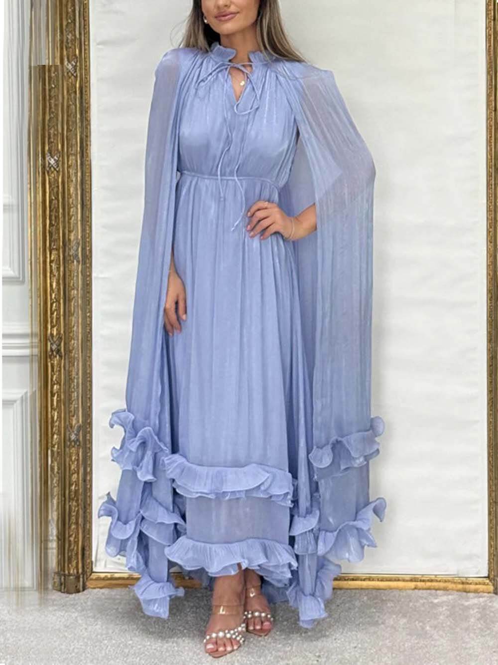 Exquisite Fashionable V-neck Lace-up Ruffled Double-layer Hem Maxi Dress Blue