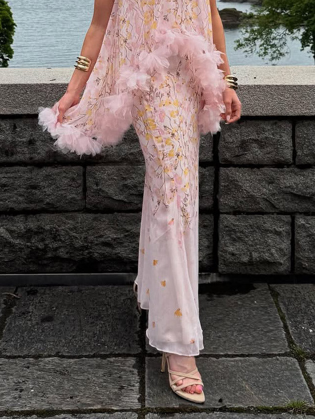 Elegant Floral Print Chiffon Skirt Pink