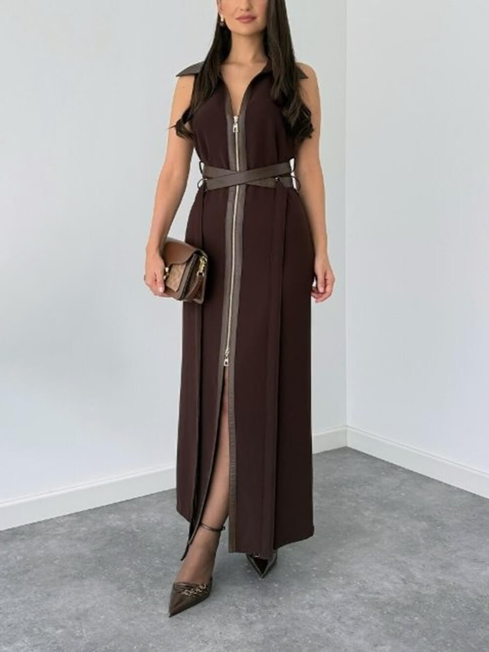 Retro Fashion Brown Lace-Up Zipper Maxi Dress Brown