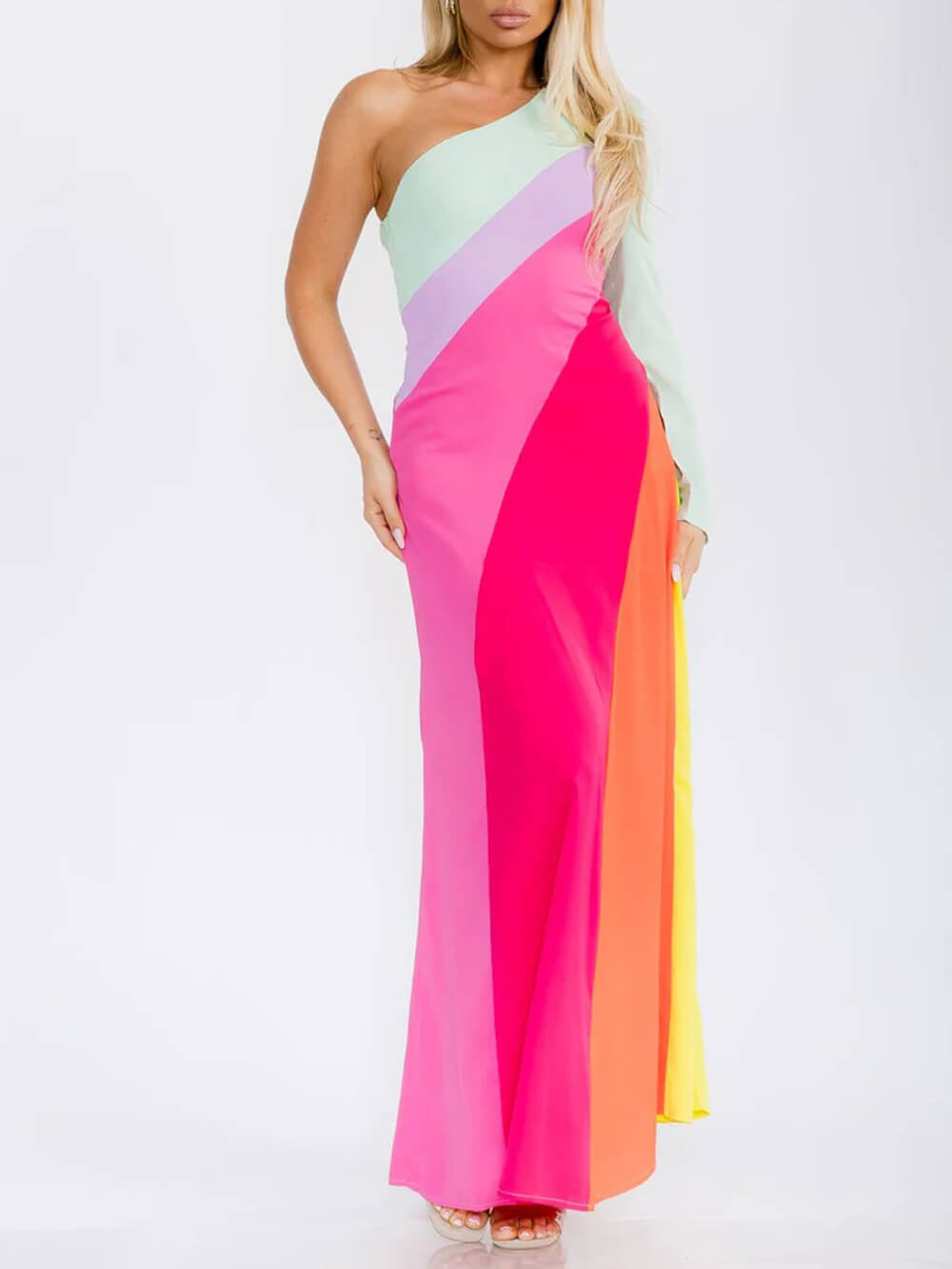 Unique One Shoulder Colorblock Maxi Dress Multicolor