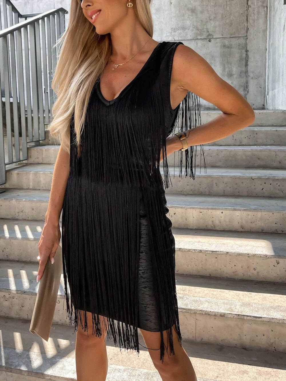 Sexy Slim Fit V-Neck Tassel Hip Mini Dress Black