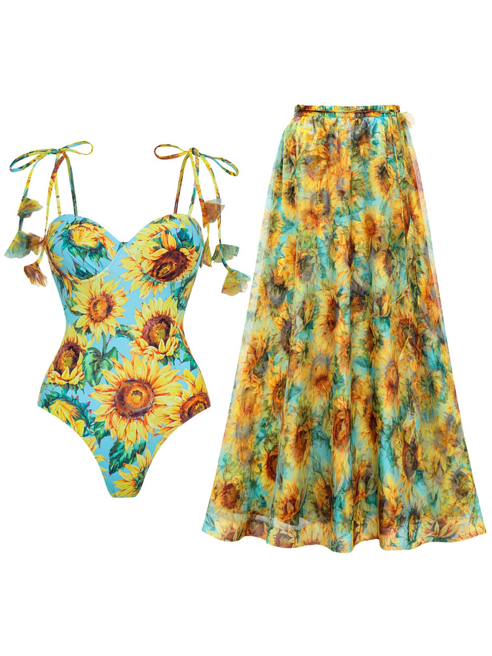 Sunflower Print Tie-Waist One-Piece Swimsuit Maxi Skirt Set Yellow