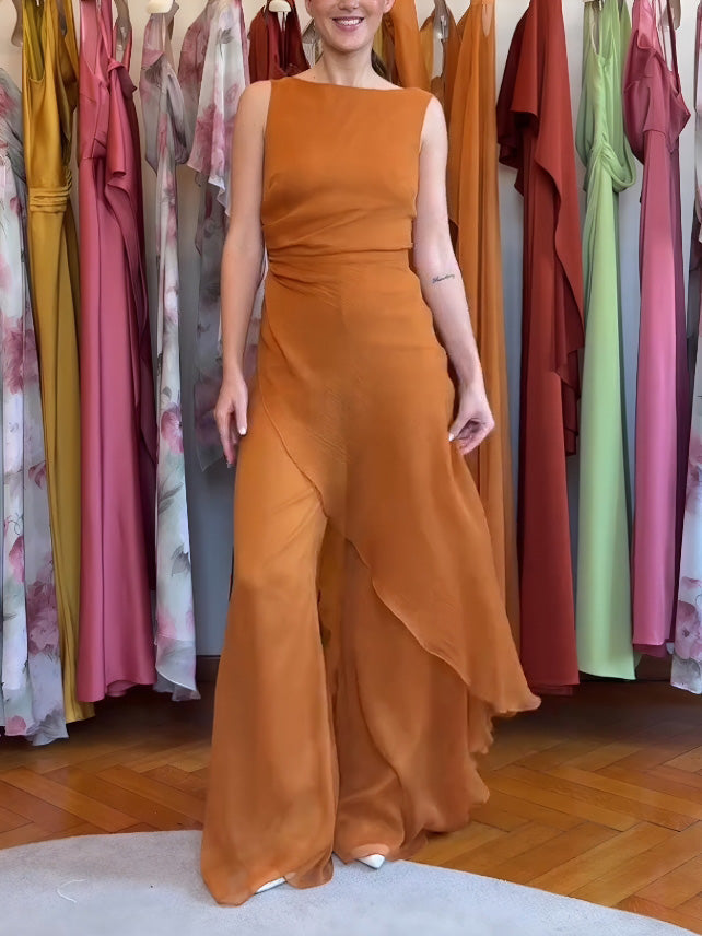 Elegant Sleeveless Asymmetric Top And Wide-Leg Pants Two-Piece Set Brown