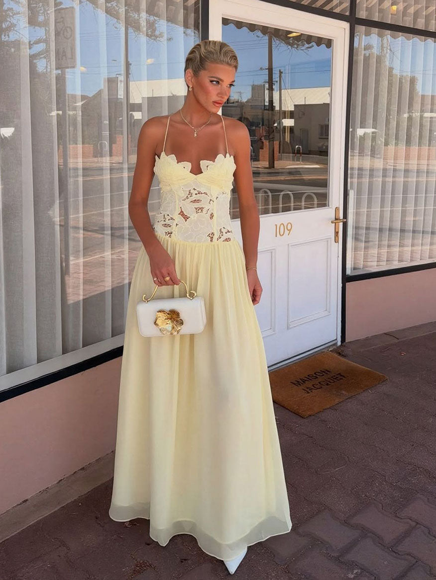 Elegant Lace Spaghetti Strap Floral Appliqu¨¦ Maxi Dress