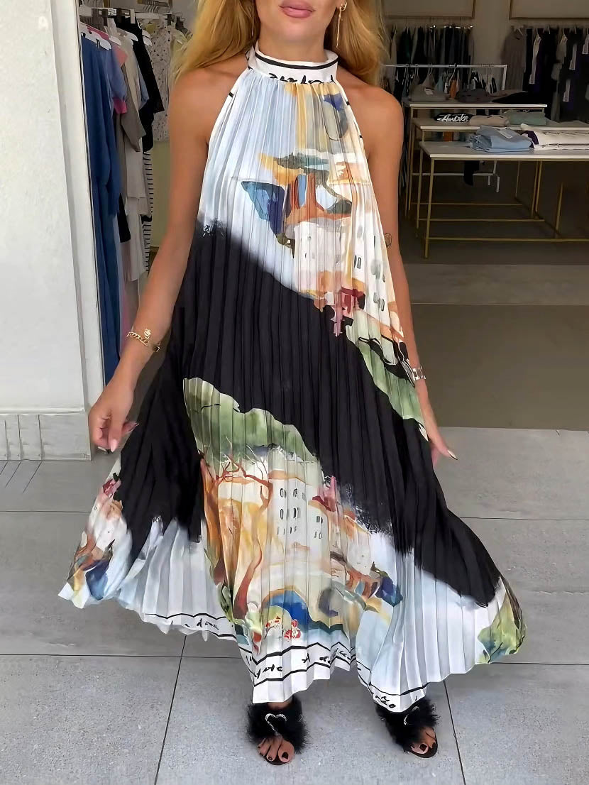 Unique Abstract Landscape Print Pleated Maxi Dress Black