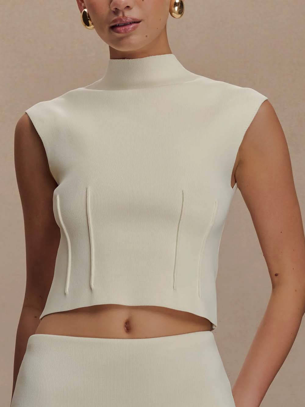 Exquisite High Neck Bandage Knit Top Ivory