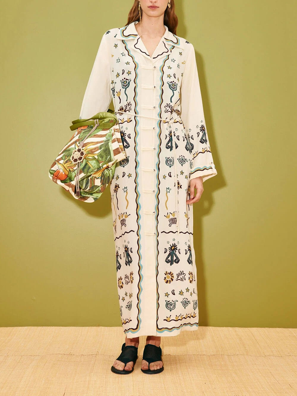 Modern Print Button-Front Tie-Waist Loose Maxi Shirtdress Beige