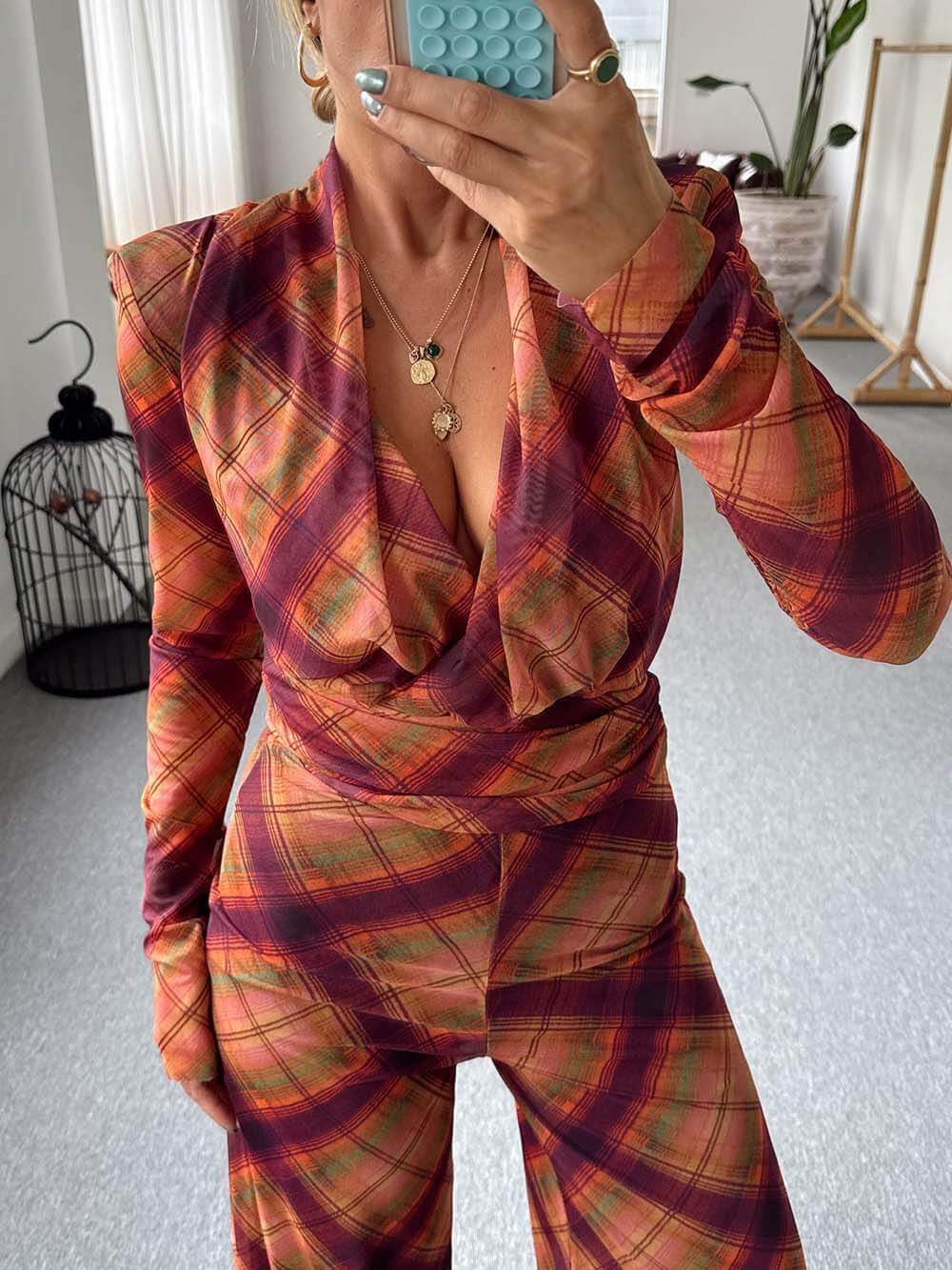 Unique Plaid Print Sheer V-Neck Top Multicolor