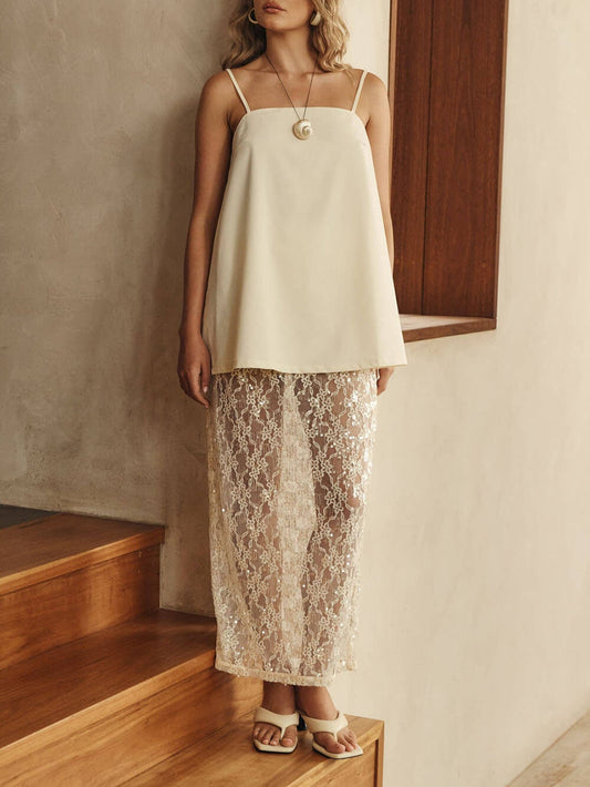 Elegant Off-Shoulder Strap A-Line Top Sheer Sequin Lace High-Waist Maxi Skirt Set