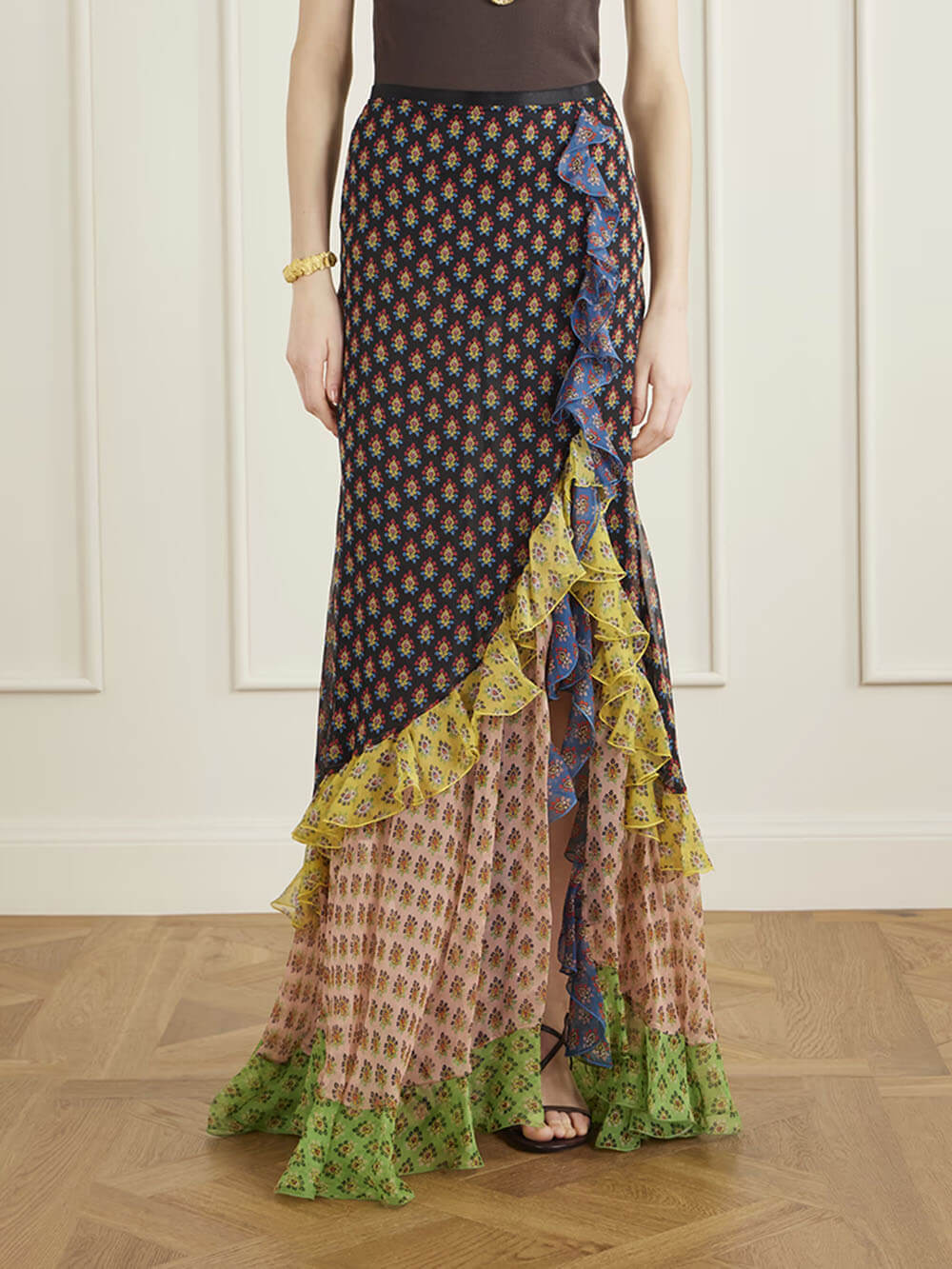 Delicate Ruffled Tiered Printed Chiffon Maxi Skirt Multicolor