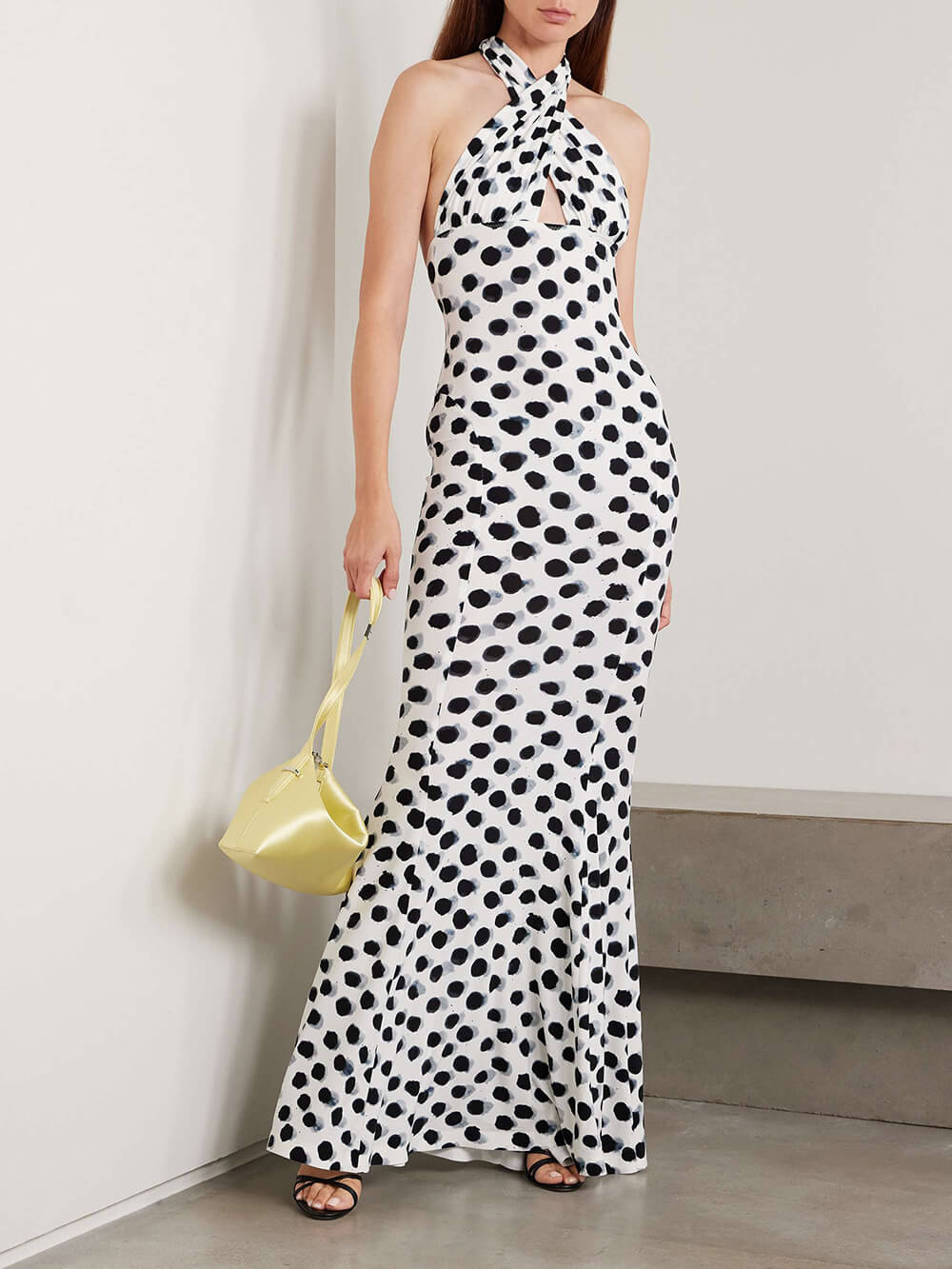 Elegant Cutout Polka Dot Print Stretch Halter Maxi Dress White