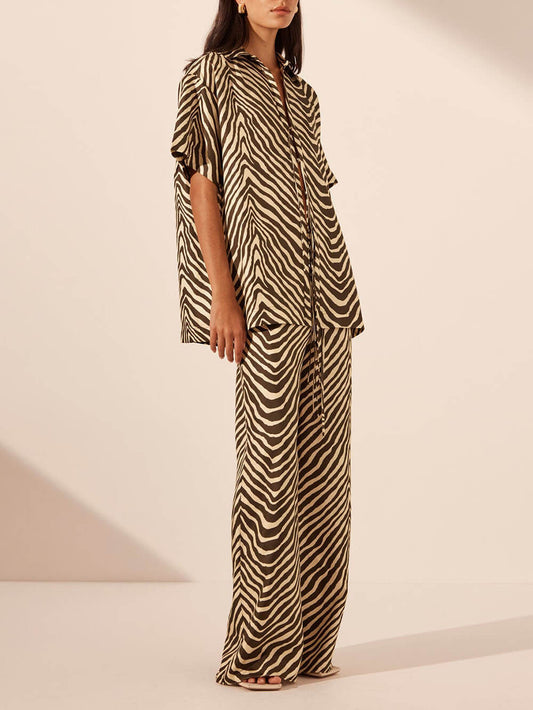 Exquisite Satin Unique Wave Pattern Print Drawstring Elastic Waist Wide Leg Pants