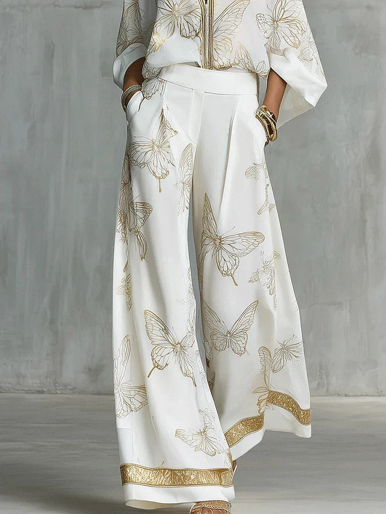 Elegant Butterfly Print Zip-Up Top & Wide Leg Pants Set