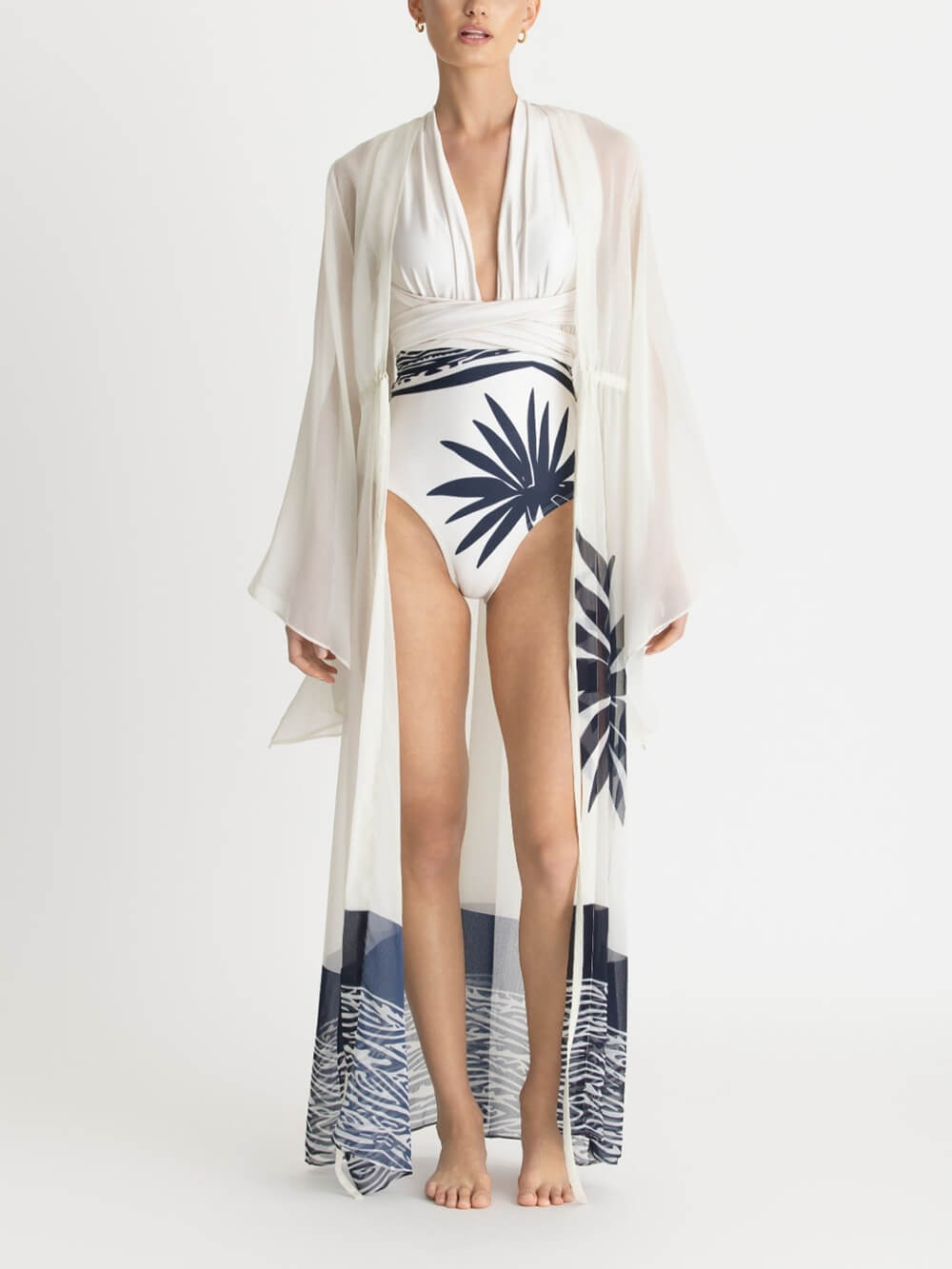 Sexy Kimono Palm Tree Print Beach Cover-Up