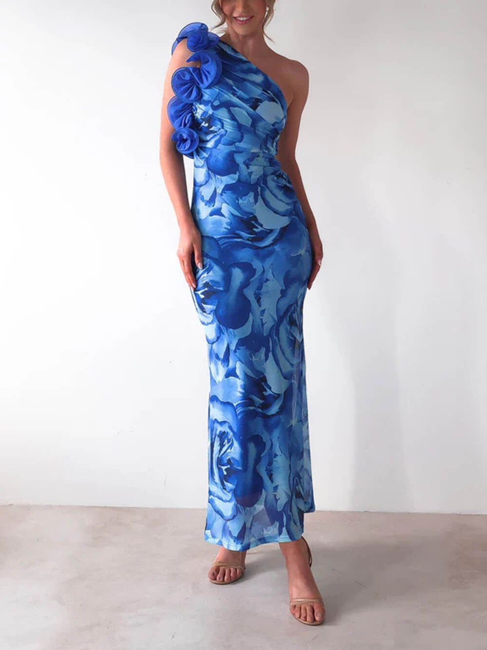 Sexy Elegant Sleeveless Three-Dimensional Flower Print Slim-Fitting Party Dress Blue