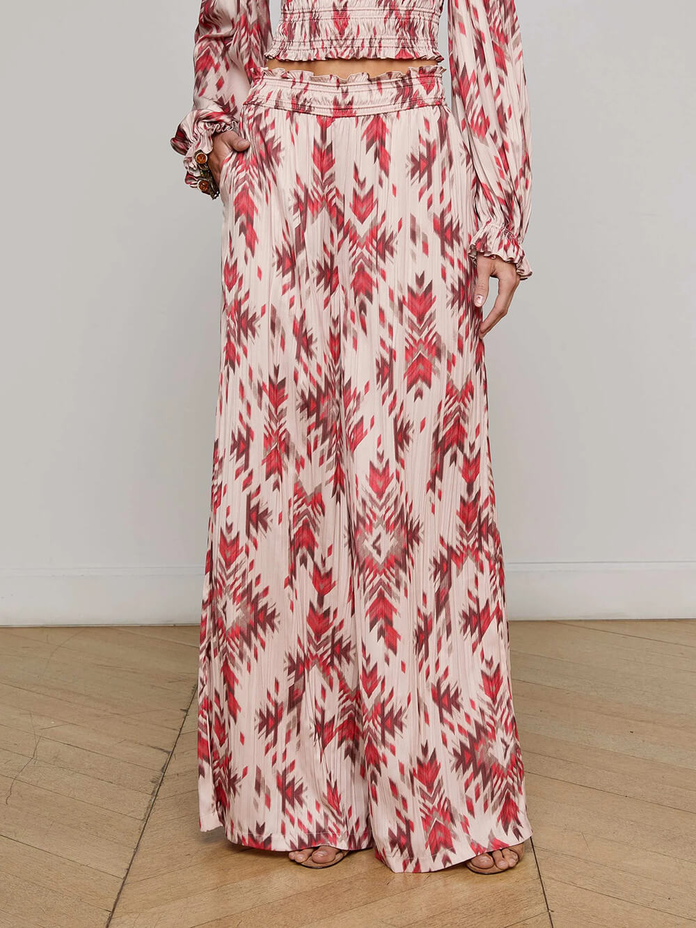 Retro Print Satin With Pleats Elastic Pockets Wide-Leg Pants Brown