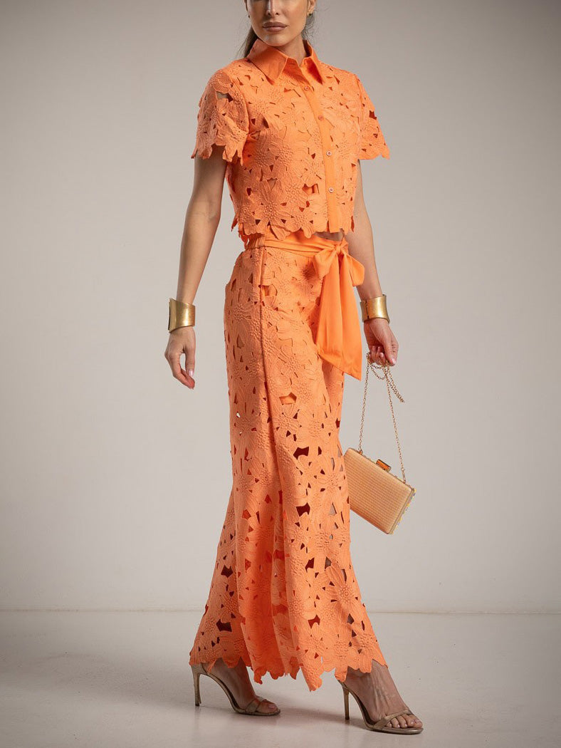 Casual Cutout Lace Shirt & Wide-Leg Pants Two-Piece Set Orange Set