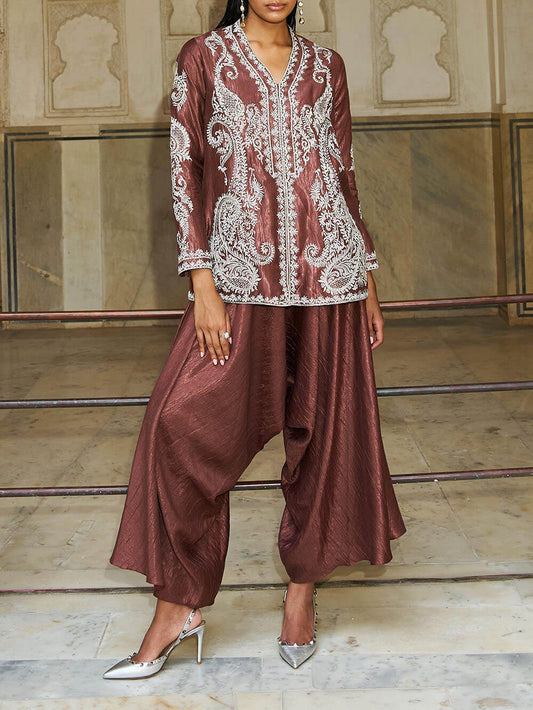 Unique Paisley Pattern V-Neck Loose Top And Pleated Harem Wide-Leg Pants Set