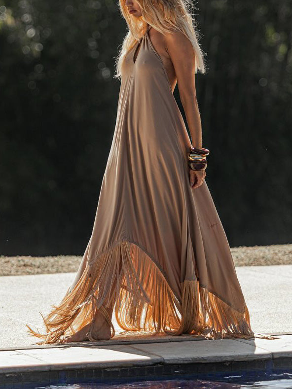 Elegant Halterneck Irregular Tassel Maxi Dress Apricot