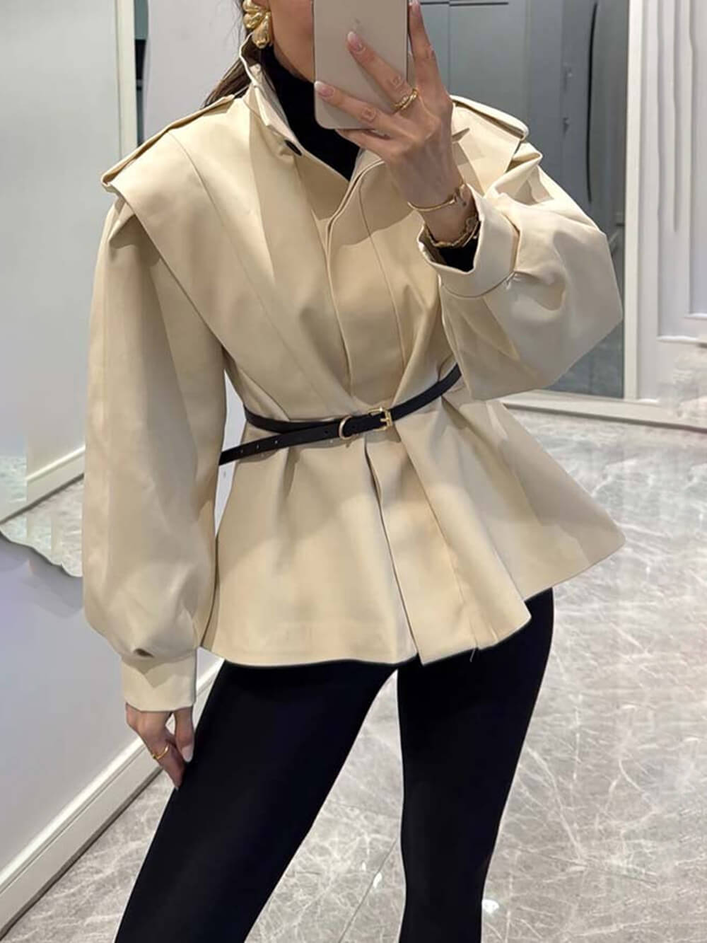 Modern Bold Stand Collar Button-Up Lantern Sleeve Loose Jacket Beige
