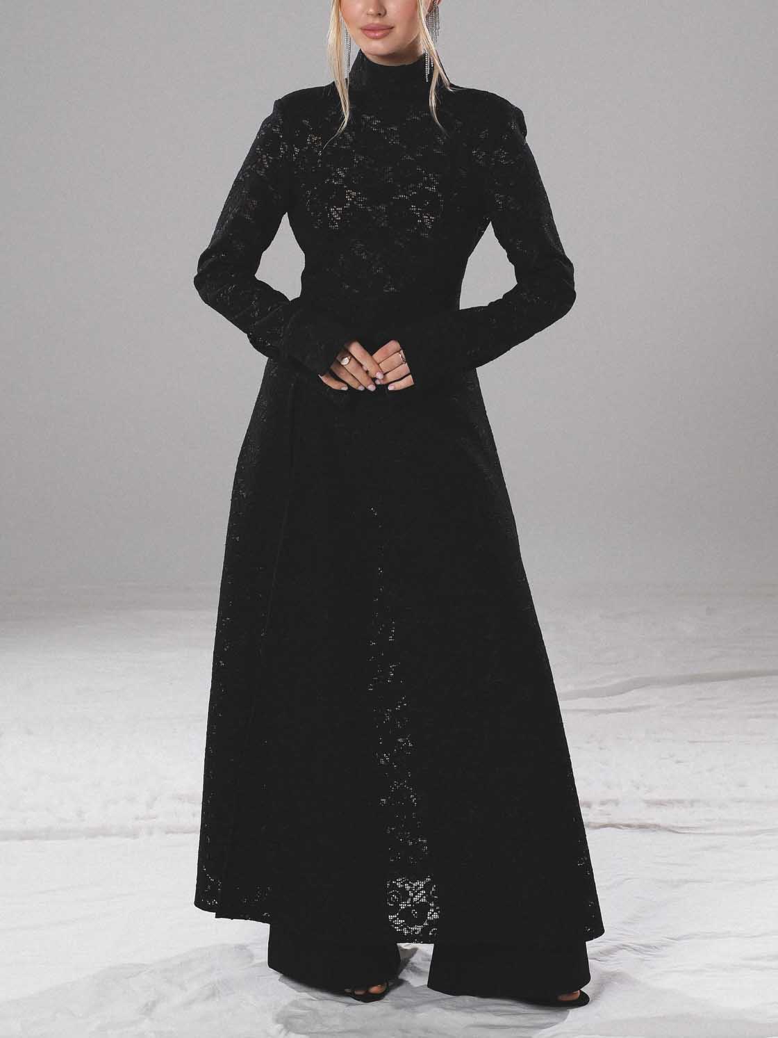 Elegant High-Neck Lace Slit Midi Dress Black Set
