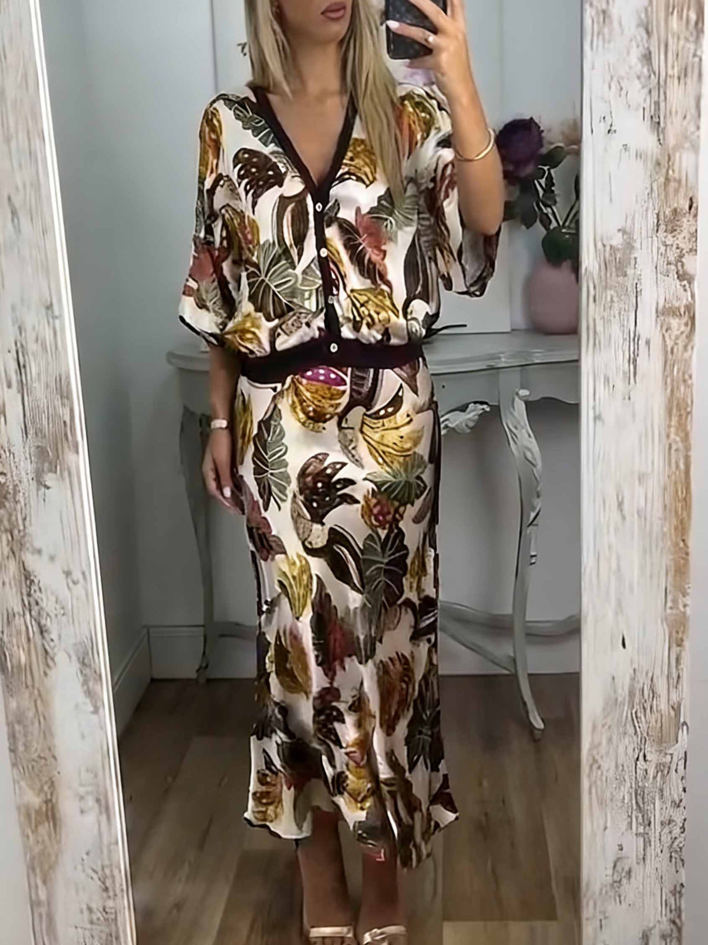 Retro Jungle Palm Leaf Satin Print Skirt Brown Set