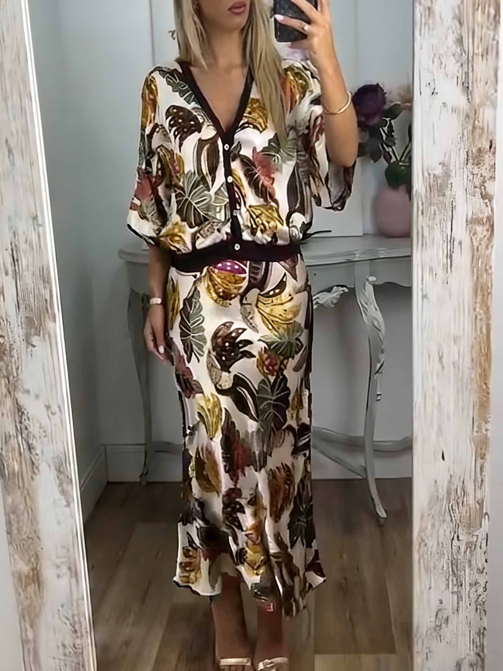 Retro Jungle Palm Leaf Satin Print Skirt Brown Set
