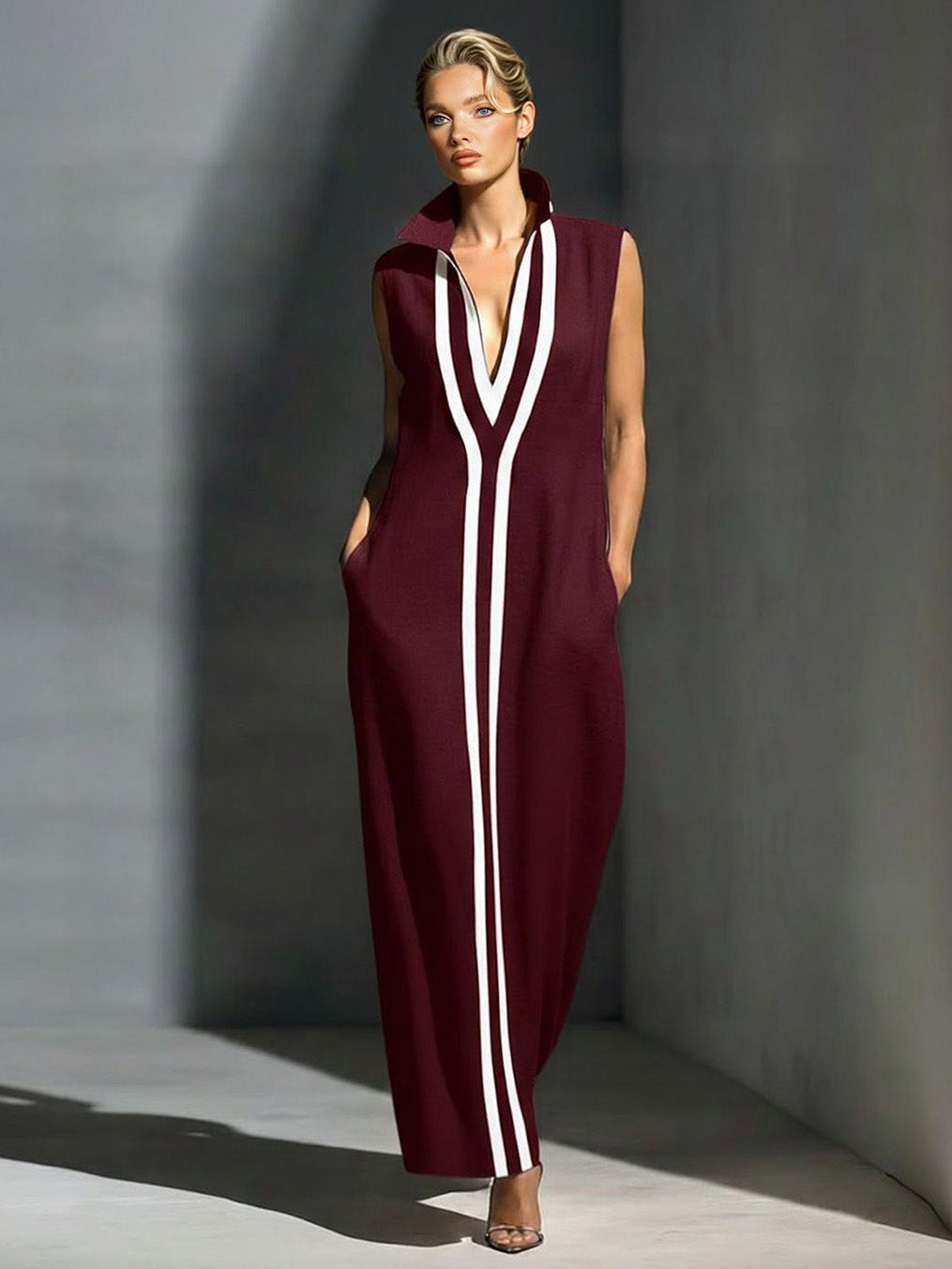 Elegant Sleeveless Deep V-Neck Contrast-Trim Maxi Dress Red