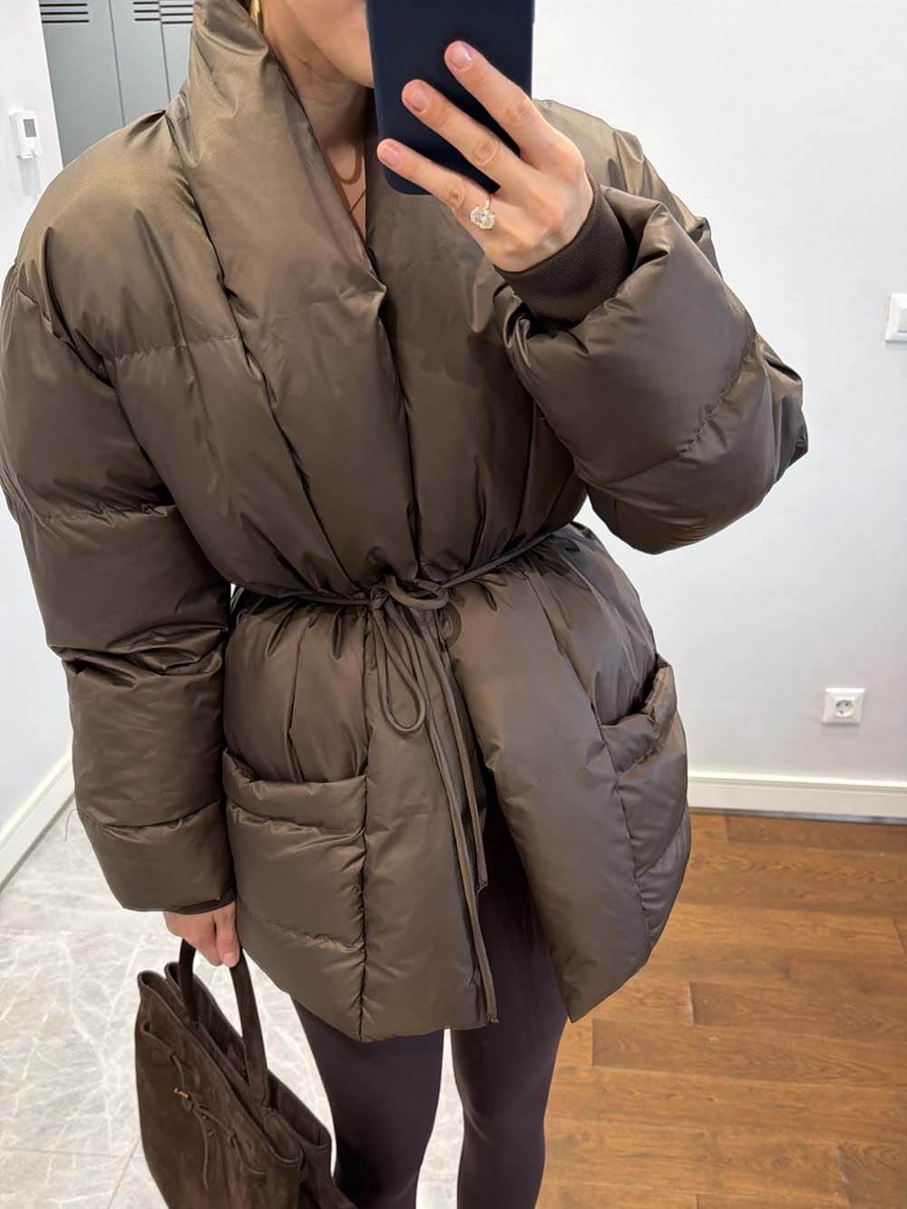 Fashion Pocket Fold-Over Puffy Lace-Up Coat Brown