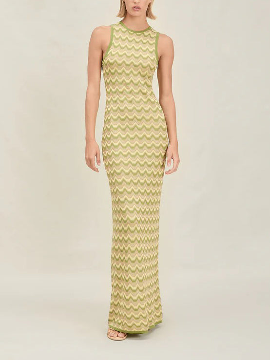 Exquisite Asymmetric Open Back Knitted Maxi Dress Green