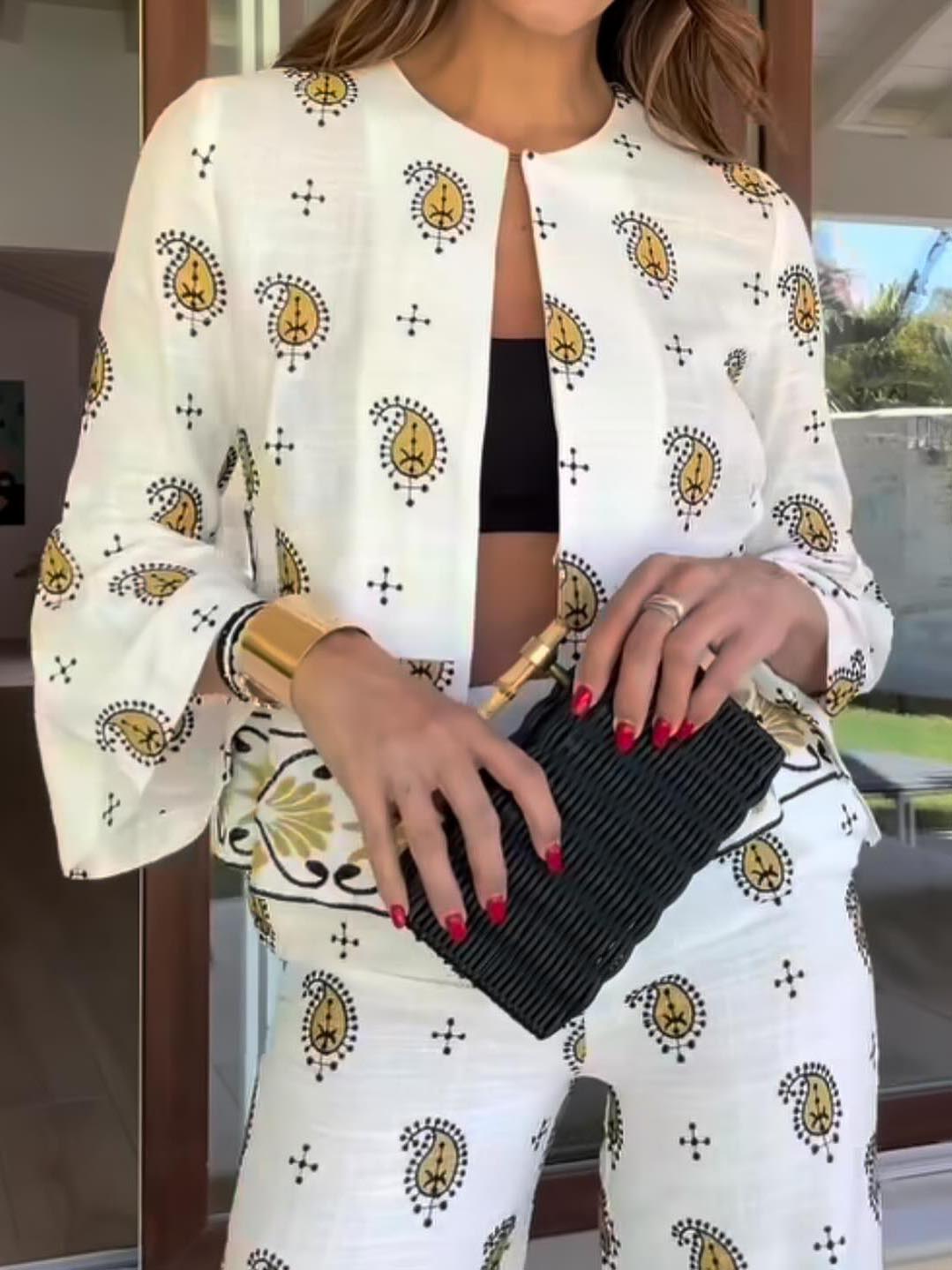 Unique And Fresh Cashew Flower Print Trumpet Sleeve Shirt White