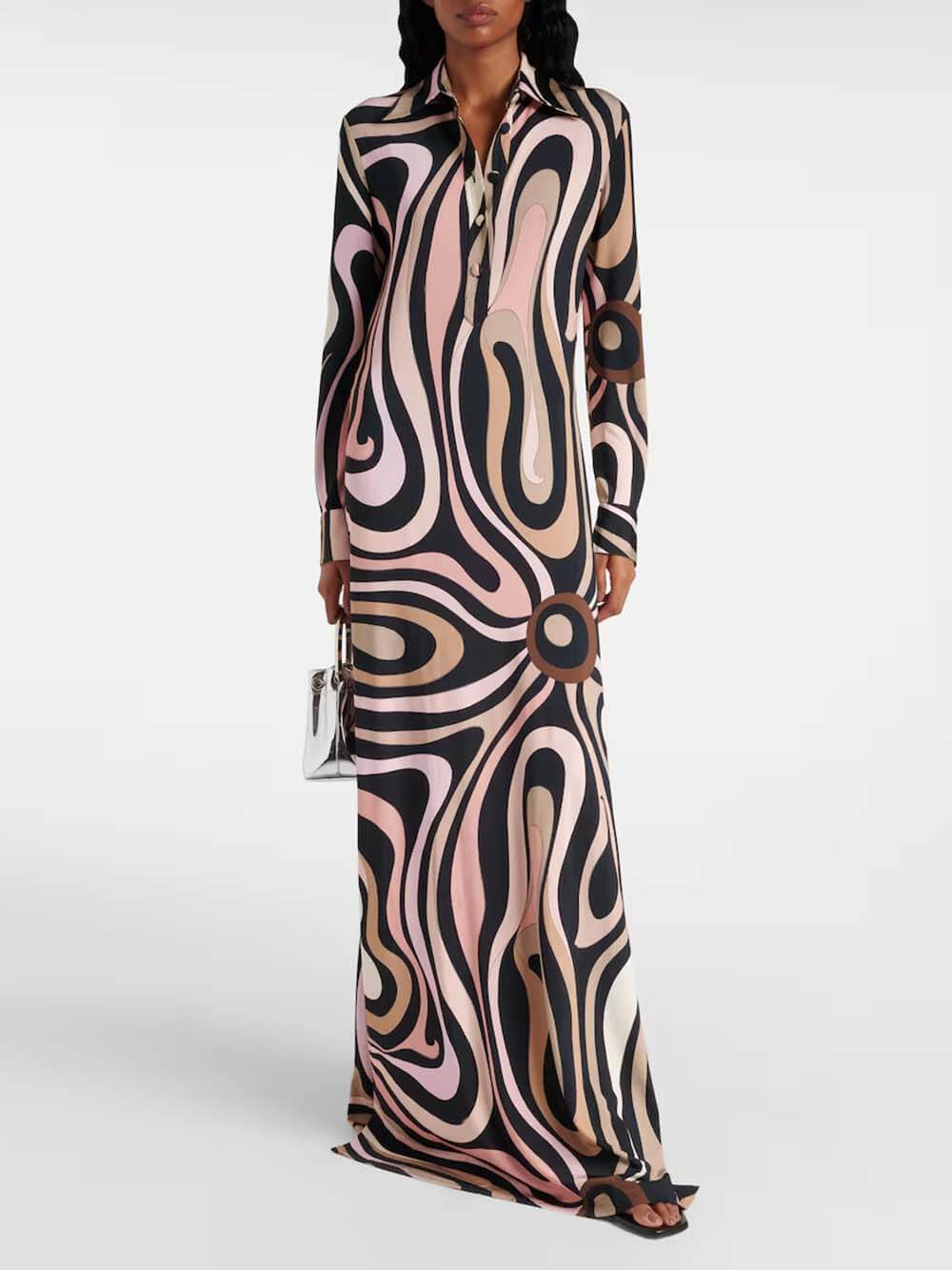 Exquisite Swirl Unique Print Satin Maxi Dress Multicolor