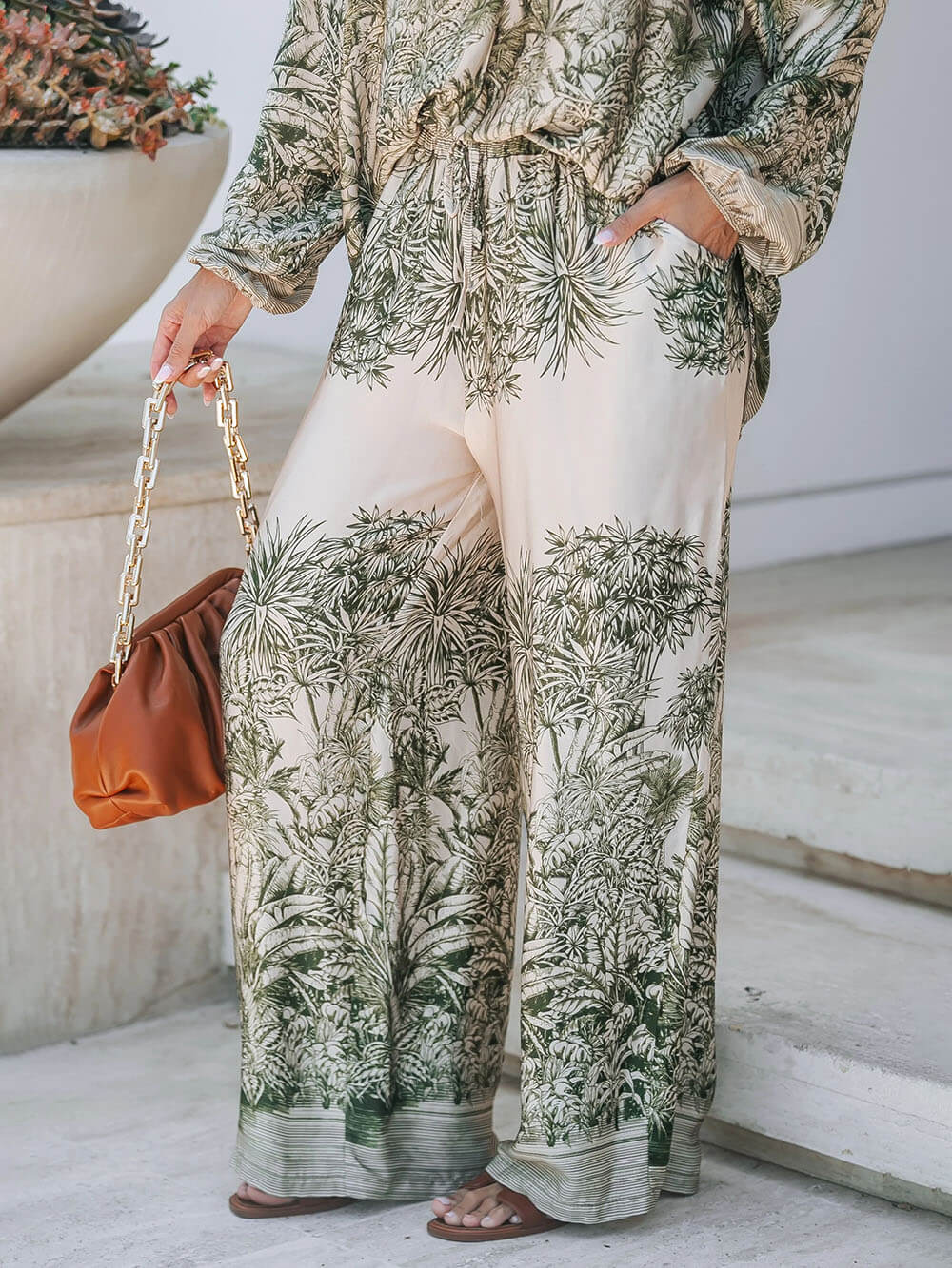 Casual Palm Leaf Print Loose Shirt And Wide-Leg Pants Set