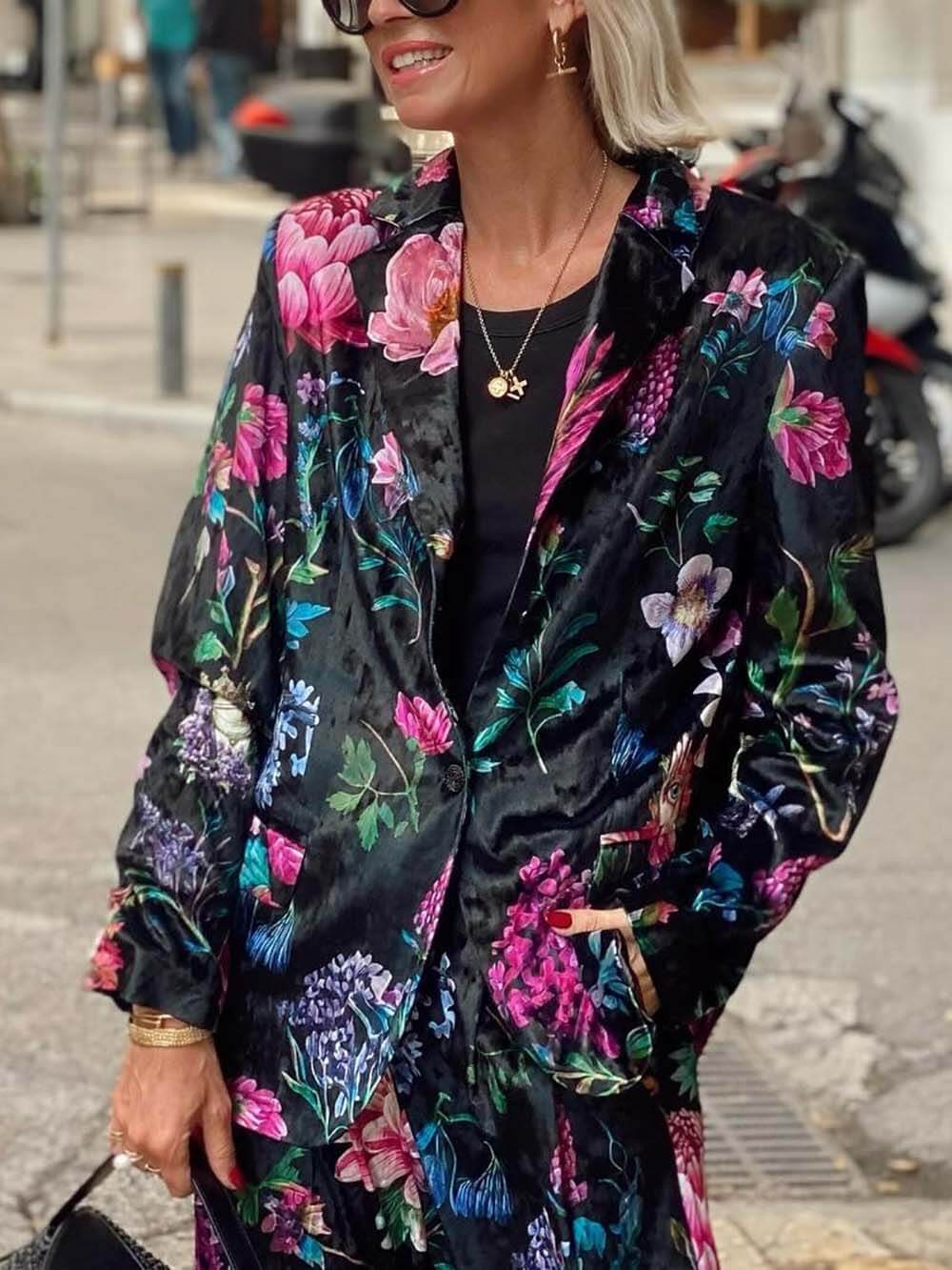 Retro Floral Print Lapel Blazer Black