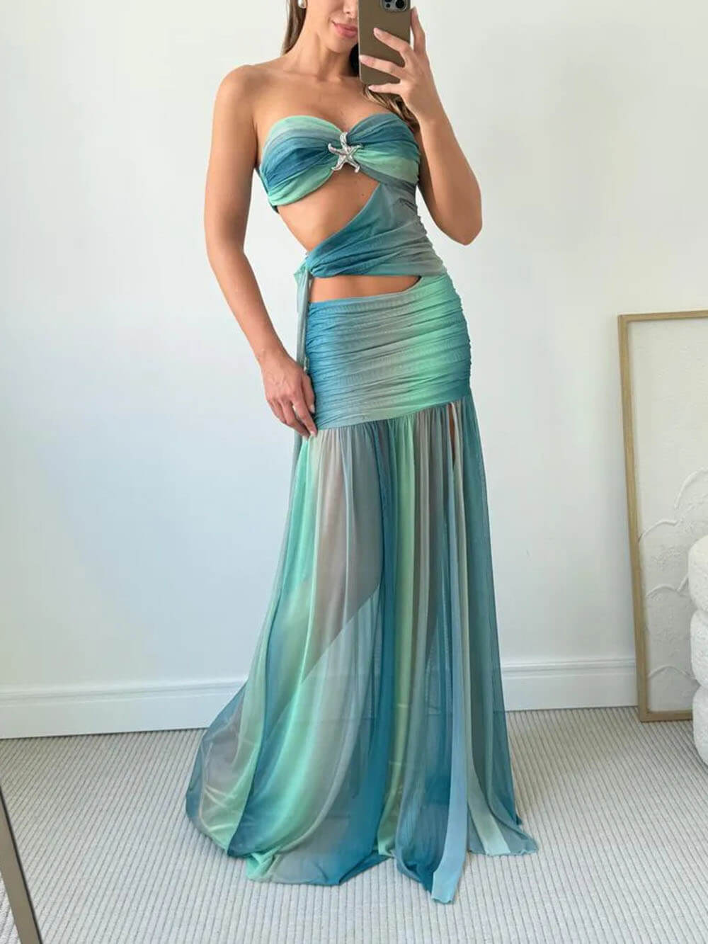 Sexy Printed Side-Slit Draped Maxi Dress Sky Blue