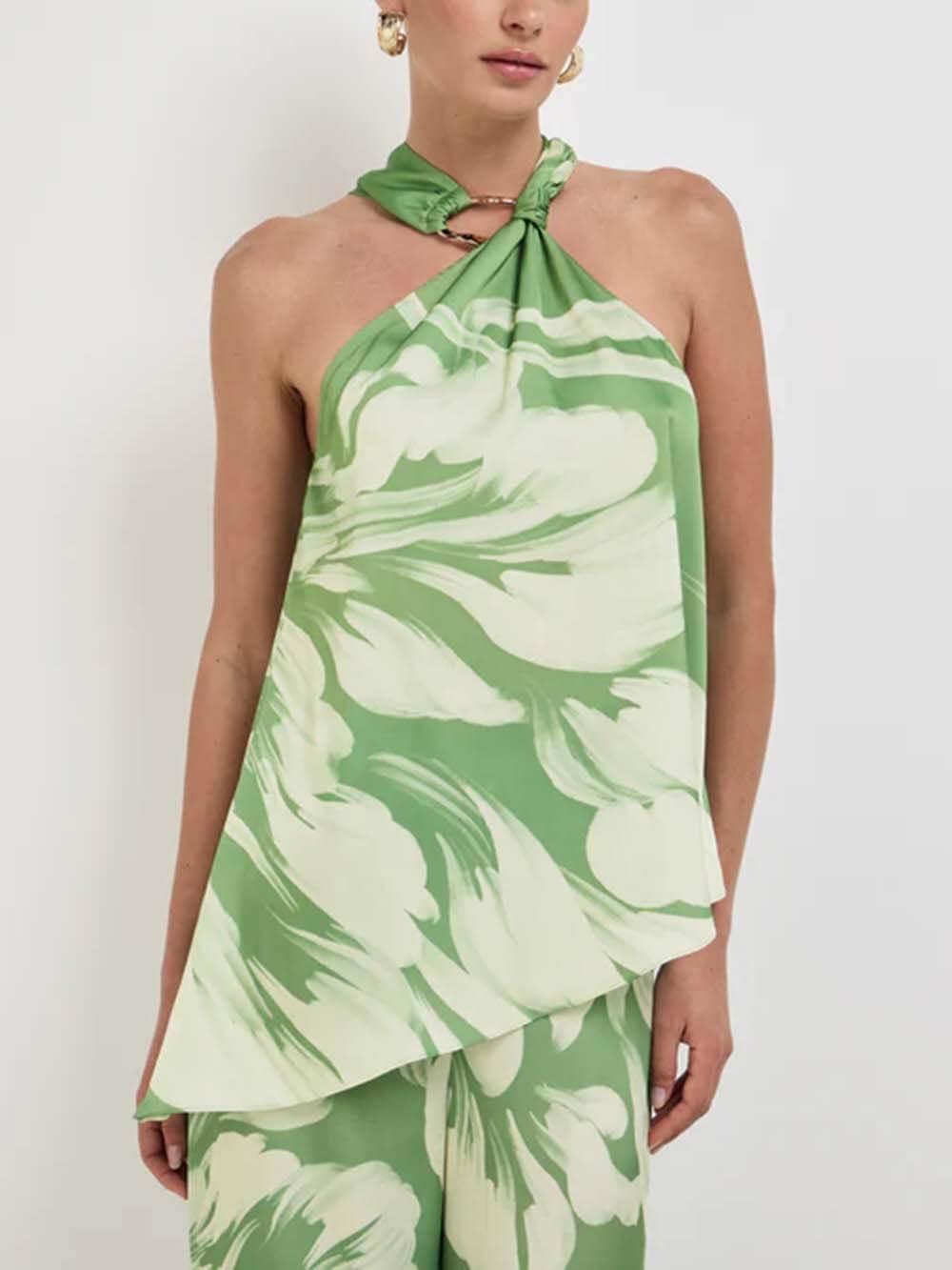 Modern Satin Abstract Floral Print Halter Tank Top Green