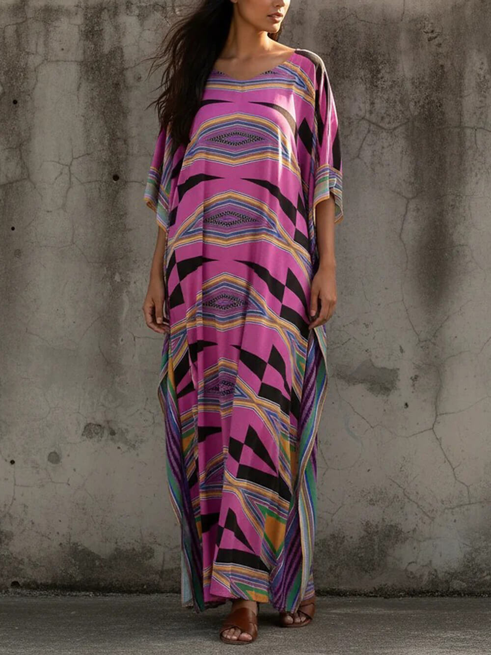 Retro Diamond Print Kimono Kaftan Beachwear Maxi Dress Purple