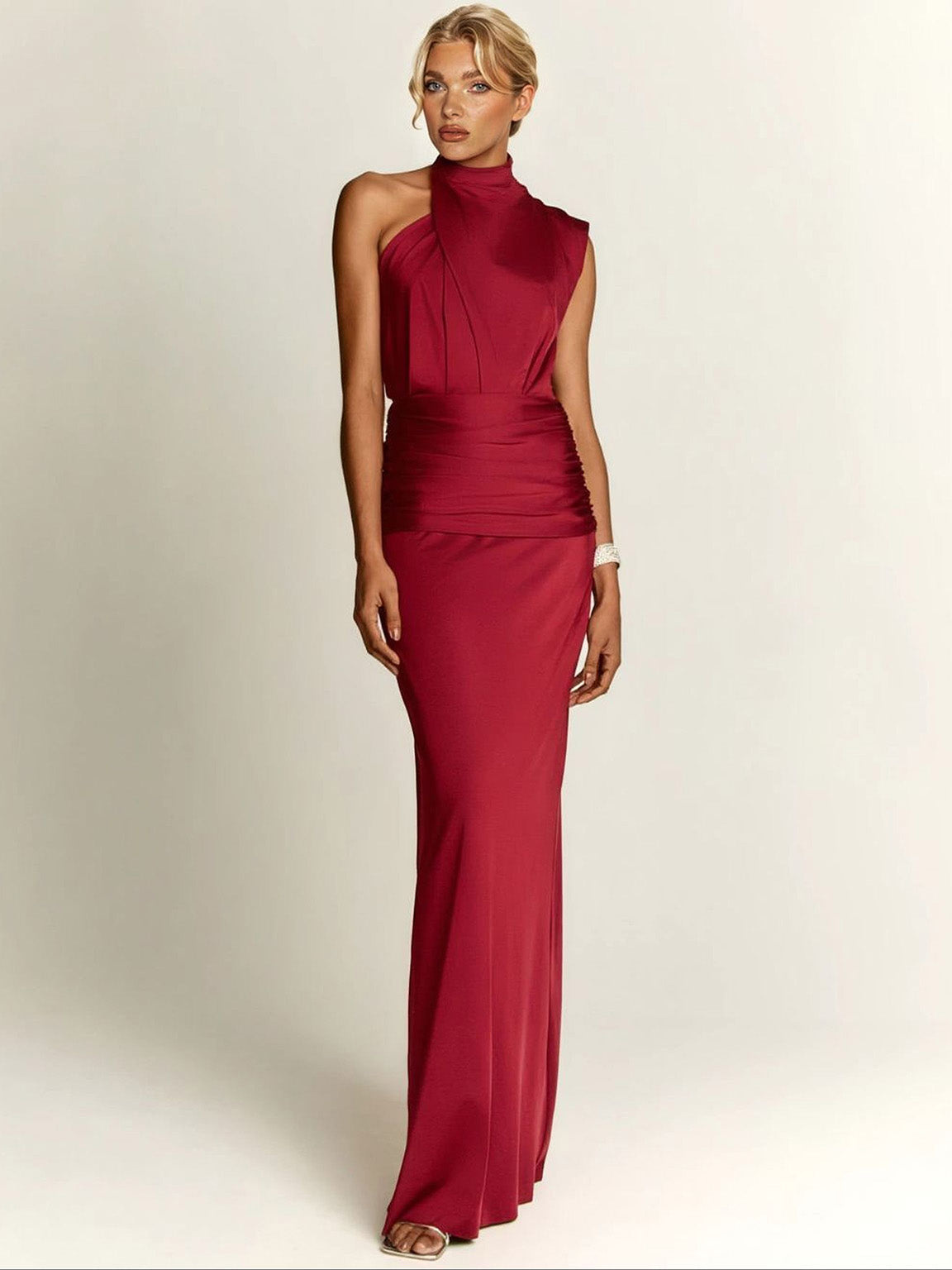 Elegant Asymmetrical Neckline Pleated Maxi Dress Red