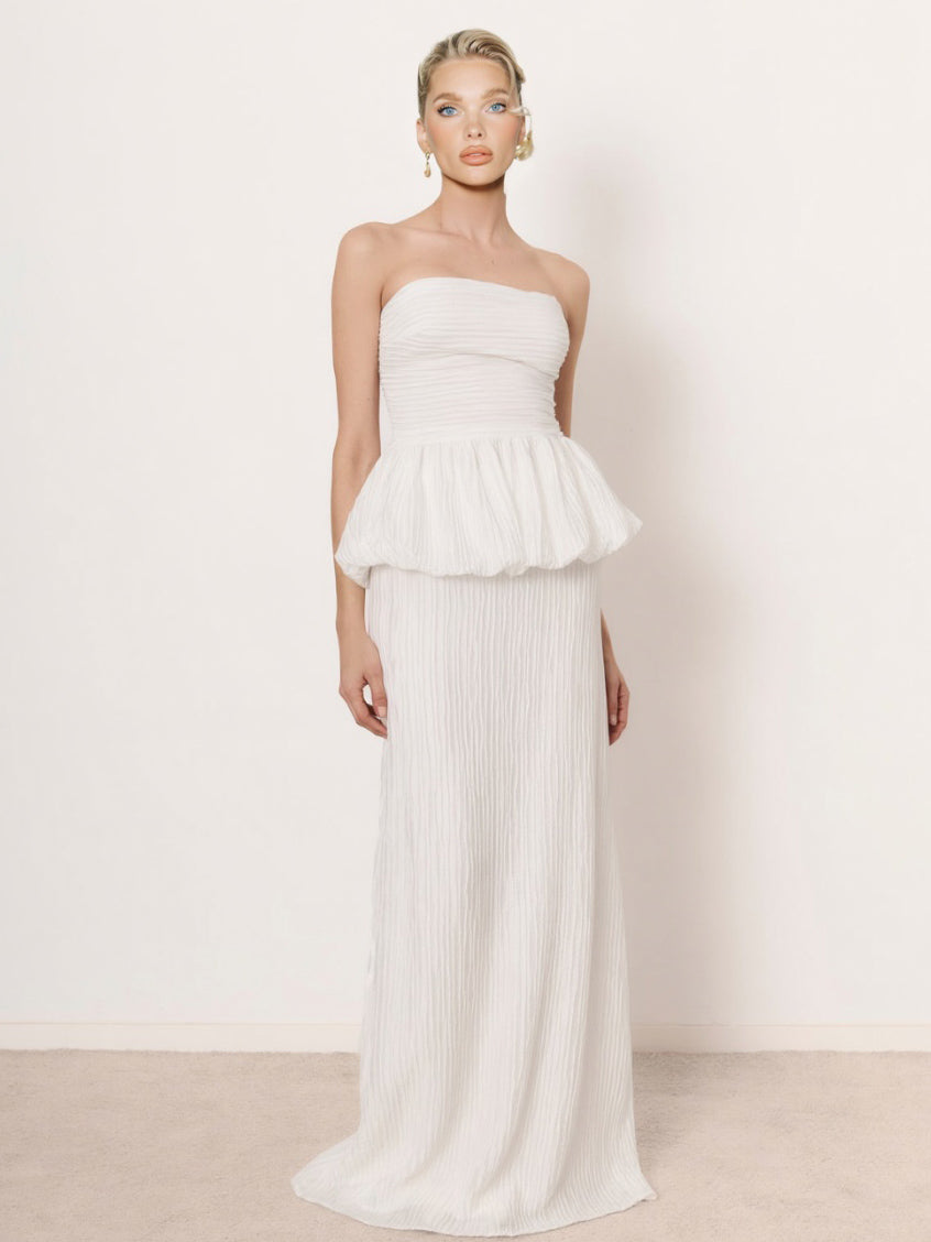 Elegant Strapless Ruched Skirt Two-Piece Set White