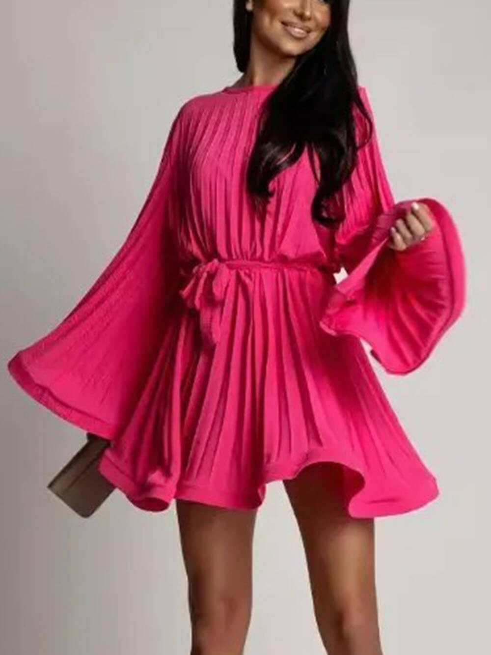 Elegant Round Neck Bell Sleeve Tie-Waist Ruched Mini Dress Rose Red