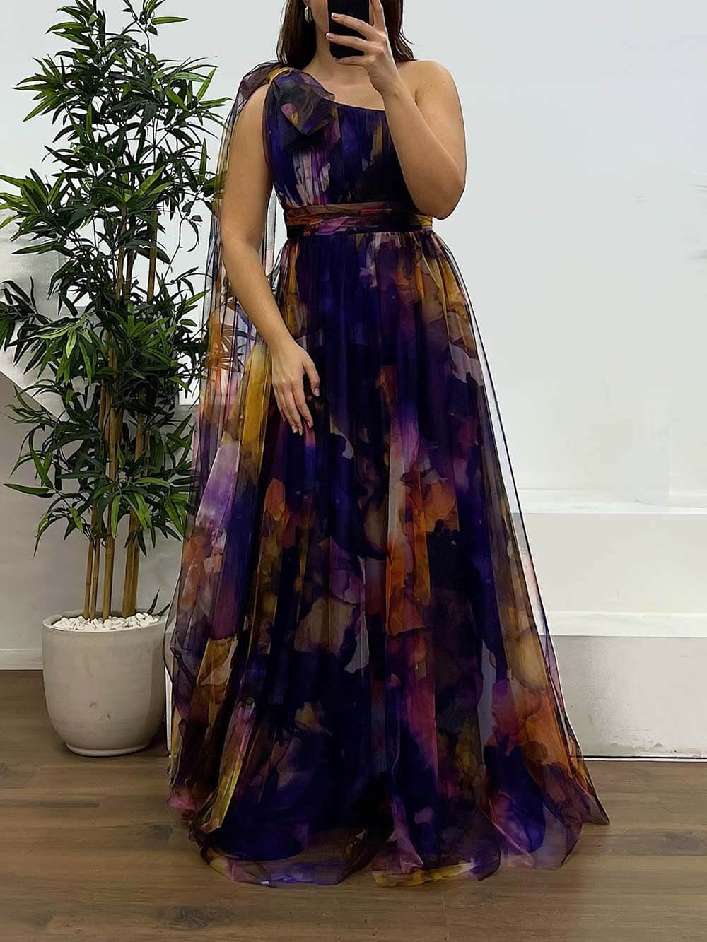 Elegant Printed One-Shoulder Chiffon Plus Size Tulle Evening Dress Purple